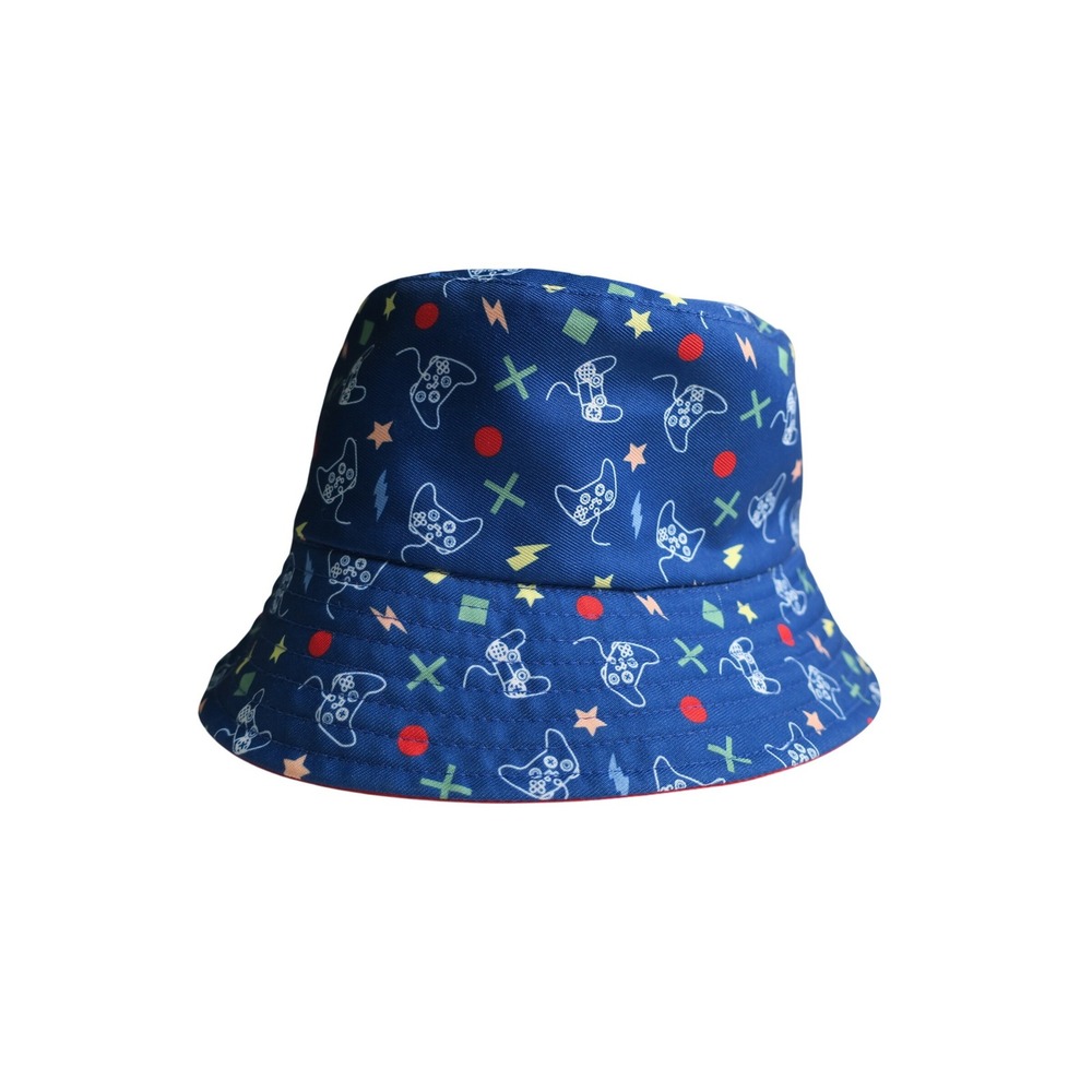 Blue Gamer Video Game Controller Print Reversible Bucket Hat Red Interior OS